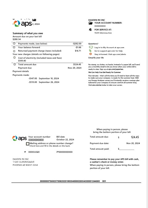 USA Arizona APS electricity proof of address business utility bill template in Word and PDF formats
